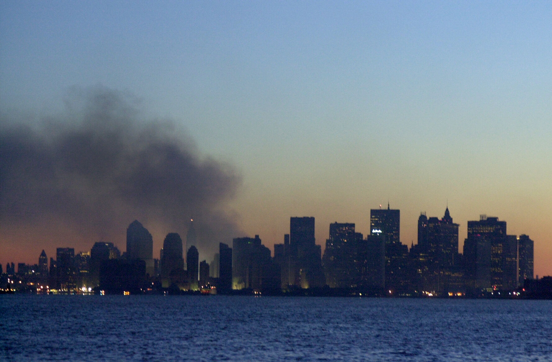 The New York City skyline on the evening of September 17, 2001